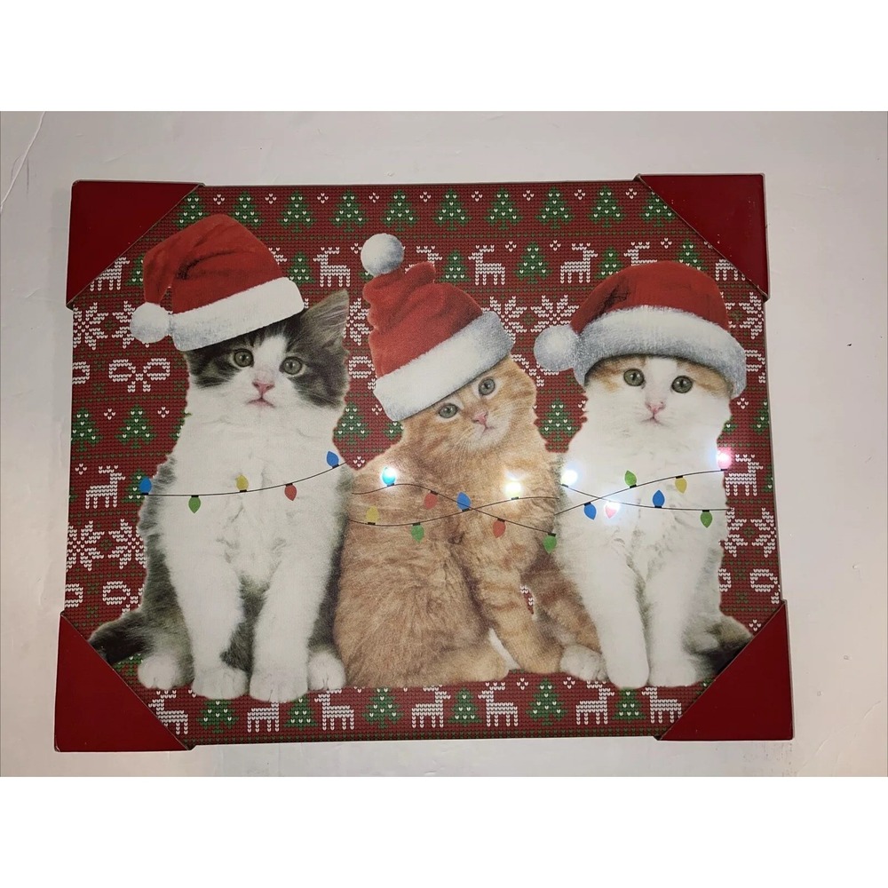 Holiday Time Christmas Cats Canvas‎ Picture With LED Lights, 15x19